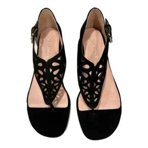 Taryn Rose Womens Size 8M Kaiser Low Wedges Black Velvet Eyelet Sandals Strap - Picture 1 of 15