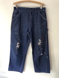 VTG 60s 70s Sears Distressed Paint Stained Carpenter Jeans Dark Blue Size 32x26 - Picture 1 of 18