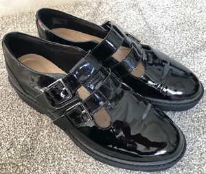 CLARKS Black Patent Leather Shoes UK 5.5 Wide Womens Chunky Flats - Alexa Agnes - Picture 1 of 15