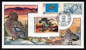 USA, SCOTT # OK12, HANDPAINTED MILFORD FDC COVER 1991 OKLAHOMA DUCK WATERFOWL - Picture 1 of 1