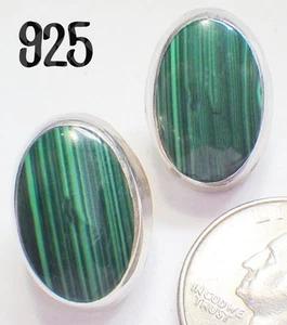 Vtg Signed MEXICO 925 Green Oval Malachite Stone Bezel-Set Stud Earrings .75" - Picture 1 of 2