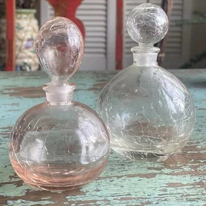 Two Antique/Vintage Crackle Glass Perfume Bottles, Clear/Pink Glass & Stoppers - Picture 1 of 5
