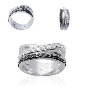 Bague Rhodié T56 Pavé Diamant Cz Black & White  Argent Massif 925 Dolly-Bijoux - Picture 1 of 2