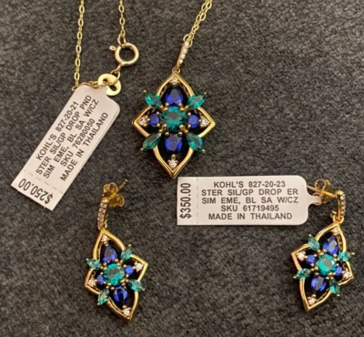 Oferta de paquete 4 piezas esmeralda/zafiro simulada con circonitas chapadas en oro Foto 1 de 4