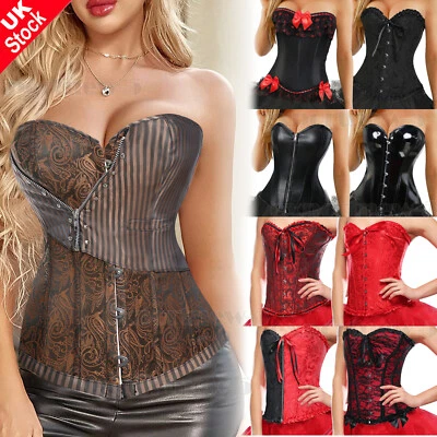 Women's Gothic Lace up Boned Overbust Bustier Brocade Basque Corset Lingerie UK - Image 1 of 4