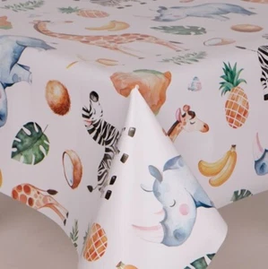 Children's Animal Fruits White PVC Vinyl Wipe Clean Tablecloth Waterproof Retro - Picture 1 of 4