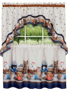 Kitchen Curtains Set: 2 Tiers (57"x36") & Swag PRECIOUS PETS, CATS & DOGS, Achim - Picture 1 of 8