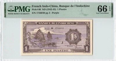 FRENCH INDO CHINA 1 Piastre 1942-1945, P-60 Purple "J", PMG 66 EPQ GEM UNC, Rare - Image 1 of 2