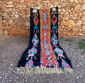 3'2x8'3 ft Marokkanischer Boucherouite Handgefertigter Vintage Teppich Berber Geometrischer Vorleger - Bild 1 von 11