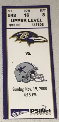 Dallas Cowboys Baltimore Ravens NFL Boleto Stub Juego de Fútbol 19/11/2000 Foto 1 de 2