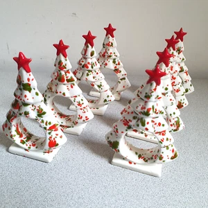 Vintage Christmas Tree Napkin Rings Ceramic Mold x 6 Festive Xmas Holiday Season - Picture 1 of 6