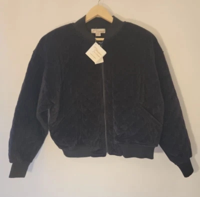 Vintage Norm Thompson Black Quilted Puffer Bomber Velour Jacket L New Old Stock - Image 1 of 4
