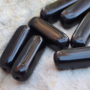 8 Vintage German Glass Beads Polished Smooth Black Rectangle Tube 15mm - Picture 1 of 4