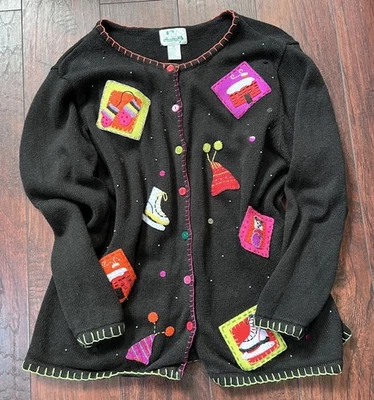 Vintage The Quaker Factory Christmas Cardigan Sweater Knit Ice Skates 1X - Image 1 of 4