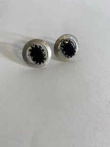 Vintage Dante schwarzer Onyx silberfarbene Manschettenknöpfe 1" oval klassisch Herren formelle Kleidung - Bild 1 von 6