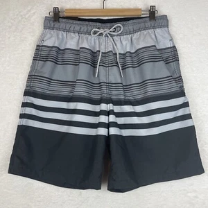 NWT Kirkland Signature Swim Trunks Mens Medium Black Gray Stripe Pockets NEW - Picture 1 of 12