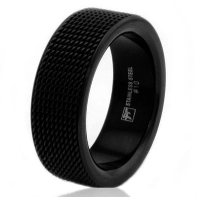 Stainless Steel Black Mesh Tire Design Mens Biker Ring 9MM | FREE ENGRAVING - Image 1 of 2