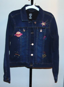 Girl's Jean Denim Jacket Size XL 14/16 Dark Blue Happy Thoughts Wonder Nation - Picture 1 of 9