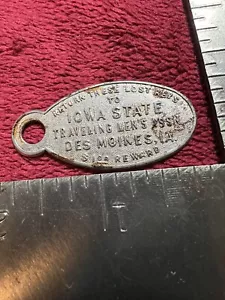 Etiqueta de llavero vintage de la Asociación de Viajeros del Estado de Iowa, devolución de llaves perdidas. - Imagen 1 de 2