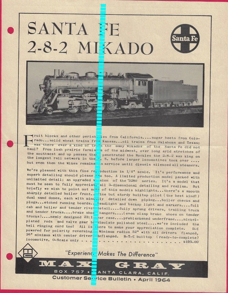 catalogo MAX GRAY Supplement Sheet Apr 1964 SANTA FE 2-8-2 MIKADO O Scale E   aa - Immagine 1 di 1
