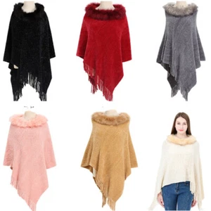 Lady Knitted Poncho Cape Chenille Wrap Shawl Faux Fur Collar Cloak Tassel Fringe - Picture 1 of 18