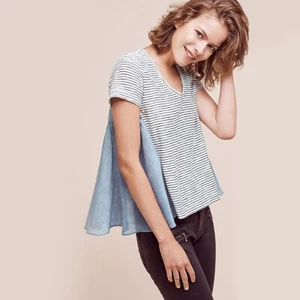 New Anthropologie Striped Flare Short Sleeve Light Wt Tshirt Linen Blue Top Sz S - Picture 1 of 4