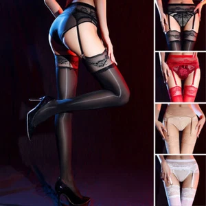 Women's Sheer Lace Suspender Garter Belt with Shiny Thigh High Stockings Hosiery - Picture 1 of 25
