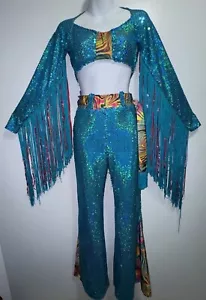 Teal Blue Groovy Sequin Dance Costume Boho Hippie 60's Women's XS Extra Small - Picture 1 of 15