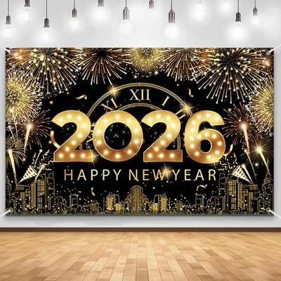 Telón de fondo de pancarta de feliz año nuevo 2026-83x59 pulgadas negro y dorado decoraciones de año nuevo  Foto 1 de 4