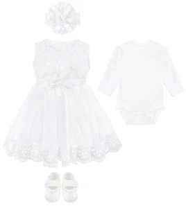 Baby Girl Newborn Christening Baptism Lace White Dress Gown 4 Piece Deluxe Set - Picture 1 of 5