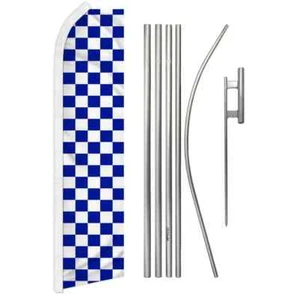 Blue & White Checkered Swooper Flutter Feather Advertising Auto Flag & Pole Kit - Picture 1 of 9