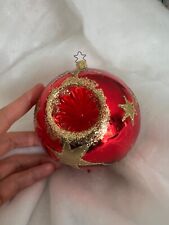 Inge Glas Ornament Red Gold Reflector Ball Christmas Indent Vintage Glitter Star