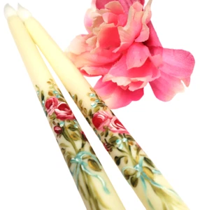 Artist Hand Painted Pink Rose Bouquets Ivory Battery Flameless Taper Candles - Picture 1 of 9