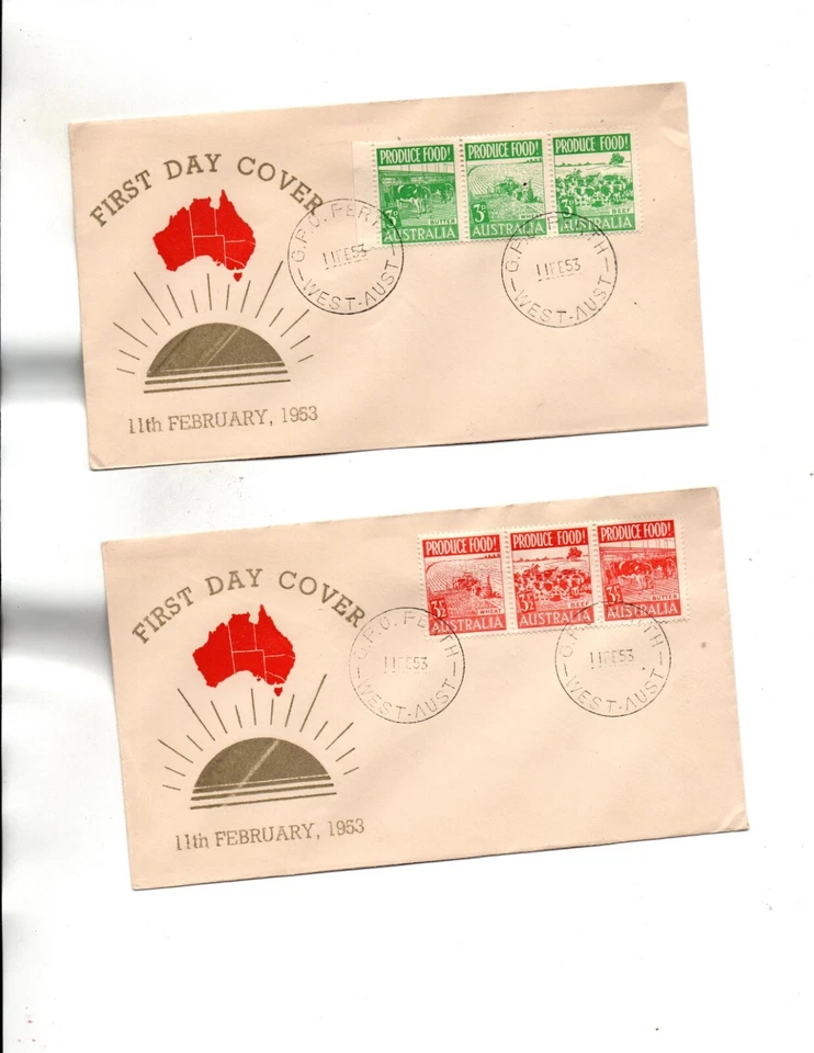 Australia FDC Sc#252a,255a STRIPS of 3 in a set of 2 covers - Image 1 of 1