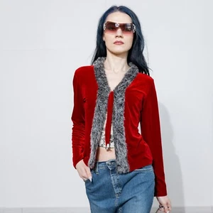 Vintage Y2K Paris cute faux fur trim velvet tie top in love red & gray - Picture 1 of 6