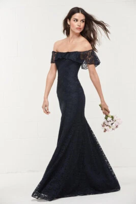 Wtoo Dress 10 Formal Wedding Navy Blue Lace Off Shoulder Fit Flare 494 NWT $245 - Image 1 of 3