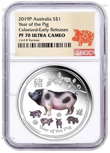 2019 Australia Colored PROOF Silver Lunar Year of the PIG NGC PF70 1oz $1 Coin - Picture 1 of 6