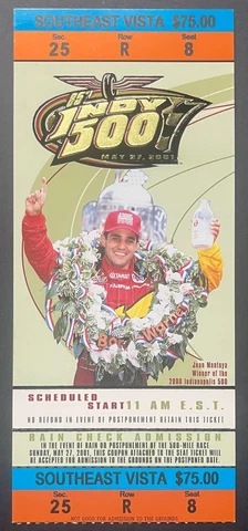 2001 Indy 500 Racing Full Ticket Indianapolis Motor Speedway Juan Montoya Cover
