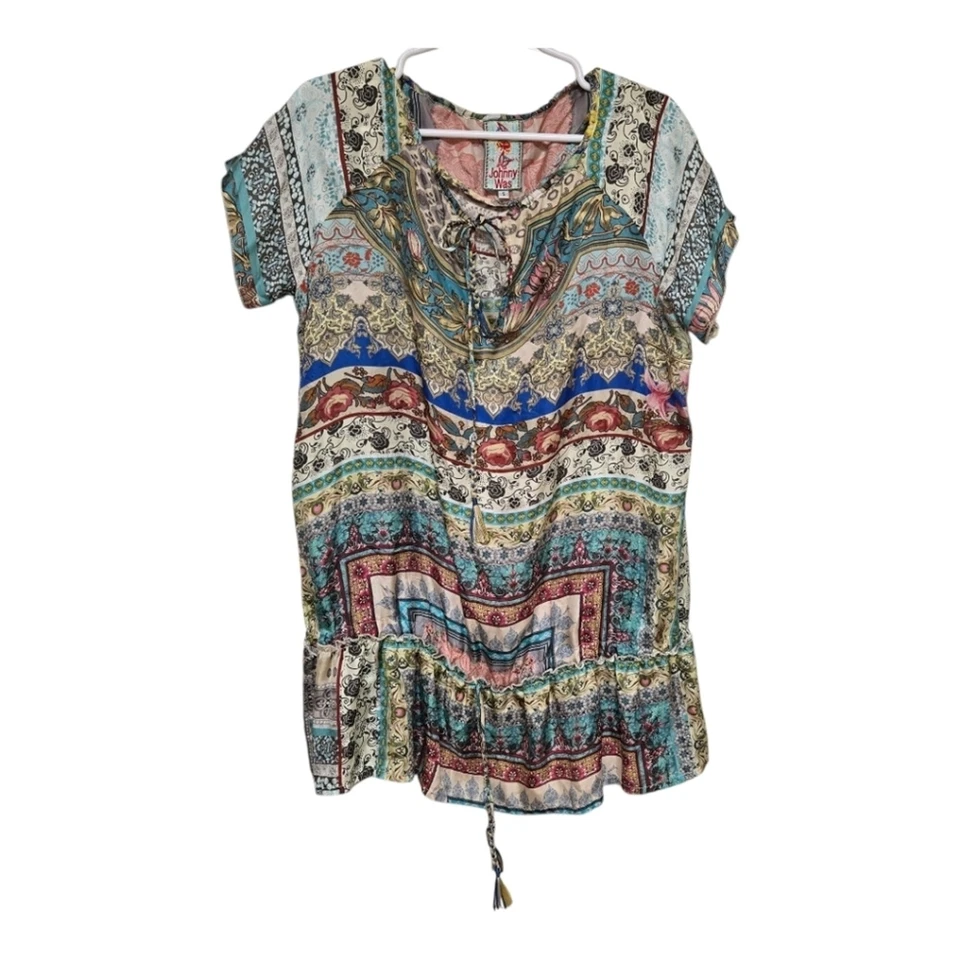 Vestido túnica Johnny Was de seda con corbata frontal en capas para mujer S multicolor boho Foto 1 de 4