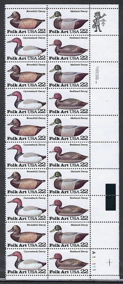 2138-41 MNH Plate Block of 20, 22-cent stamps - Duck Decoys - Image 1 of 1