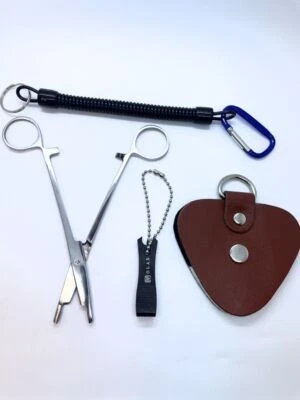 Werkzeuge zum Fliegenfischen am Flussufer, Pinzettenschere, Leder Reiniger,Zange - Bild 1 von 2