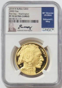 2018 W GOLD $50 PROOF BUFFALO MOY SIGNED 1 OZ NGC PF 70 UC FIRST DAY WASHINGTON - Picture 1 of 2
