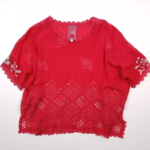 Tunica Johnny Was grande rossa ricamata cupra rayon floreale camicetta rilassata prezzo di listino $ 260 - Foto 1 di 16