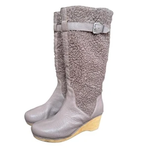 Kelsi Dagger boho grayy fuzzy below the knee leather boots wooden wedge clog 8 - Picture 1 of 6