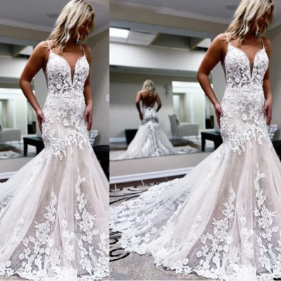 Elegant Mermaid Wedding Dresses Strap V-neck Lace Applique Bridal Gowns Train - Image 1 of 4