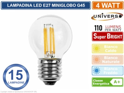 15 PEZZI LAMPADINA LED UNIVERSO E27 4W MINIGLOBO G45 A FILAMENTO 440 LUMEN - Immagine 1 di 3