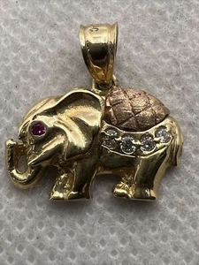 CUTE Solid 14K Two Tone Gold Created Ruby & CZ ELEPHANT BABY Charm Pendant 2.8gr - Picture 1 of 9