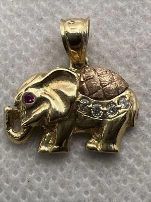 CUTE Solid 14K Two Tone Gold Created Ruby & CZ ELEPHANT BABY Charm Pendant 2.8gr - Image 1 of 4