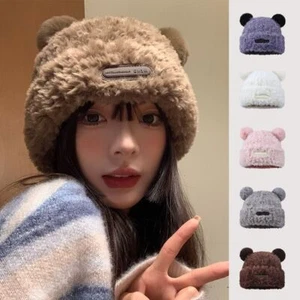 Gorros gorro de oso de felpa - Gorras de cubo de punto de invierno para mujer Prendas para la cabeza de moda 1 pieza - Imagen 1 de 16