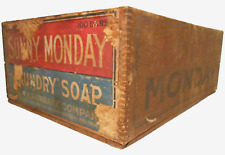RARE SUNNY MONDAY LAUNDRY SOAP ANTIQUE BLK/RD INK STMPD, PAPER LBLD WD BOX CRATE
